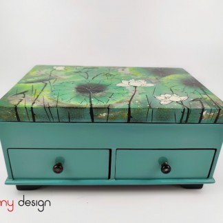 Blue rectangular lacquer cabinet with 2 small drawers hand-painted with lotus pond 20*30*H14cm